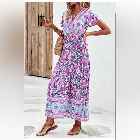 Boho front high split v-neck maxi dress floral purple Large  12/14 - Picture 5 of 9